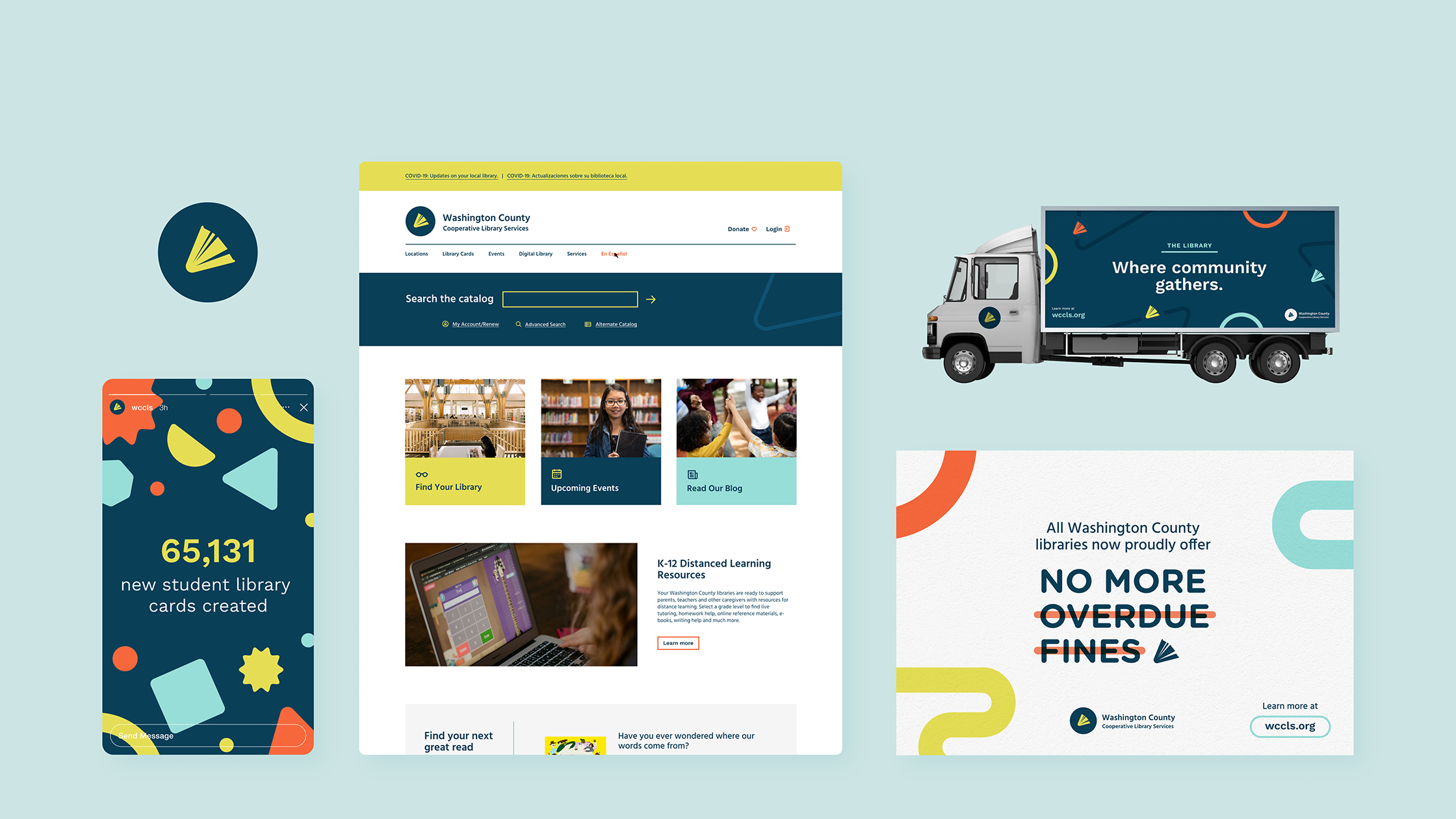 Collage of multiple pieces of branded materials for WCCLS, including truck wraps, website homepage design, digital messaging templates, and library card design.