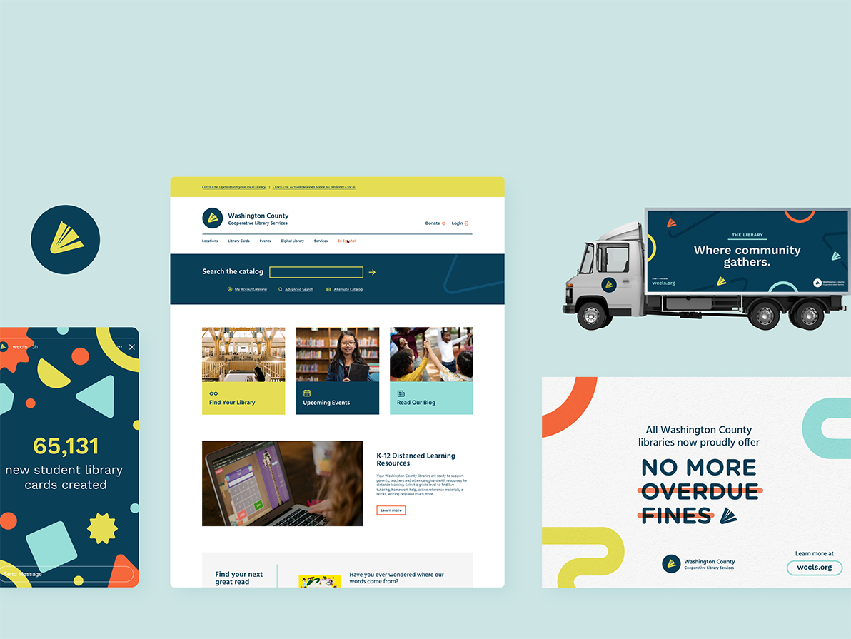 Collage of multiple pieces of branded materials for WCCLS, including truck wraps, website homepage design, digital messaging templates, and library card design.
