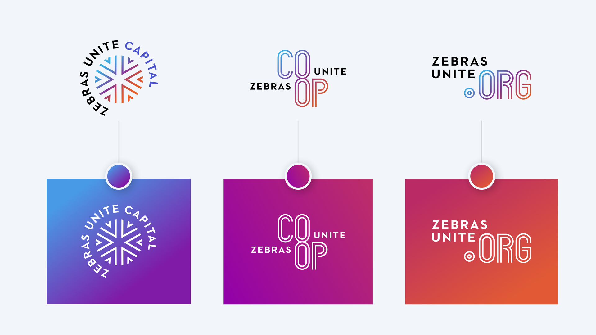 Logos and branding for Zebras Capital, Zebras Unite Coop, and Zebras Unite Dot-Org.