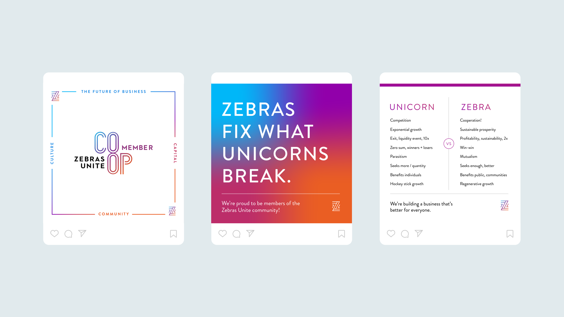 Branded social media template designs for Zebras Unite.