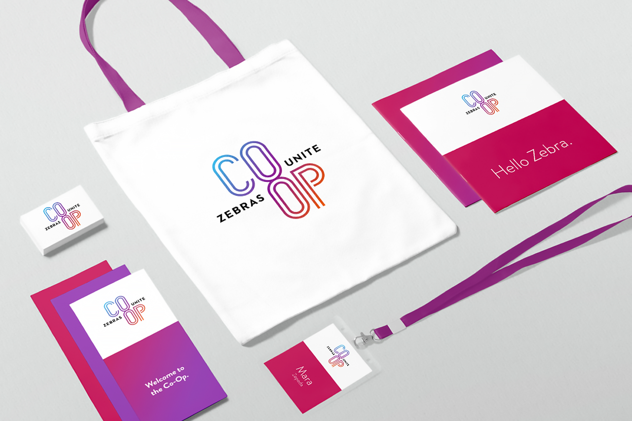A collection of branded marketing materials: tote bag, name tags, brochures, business cards, and booklet designs.