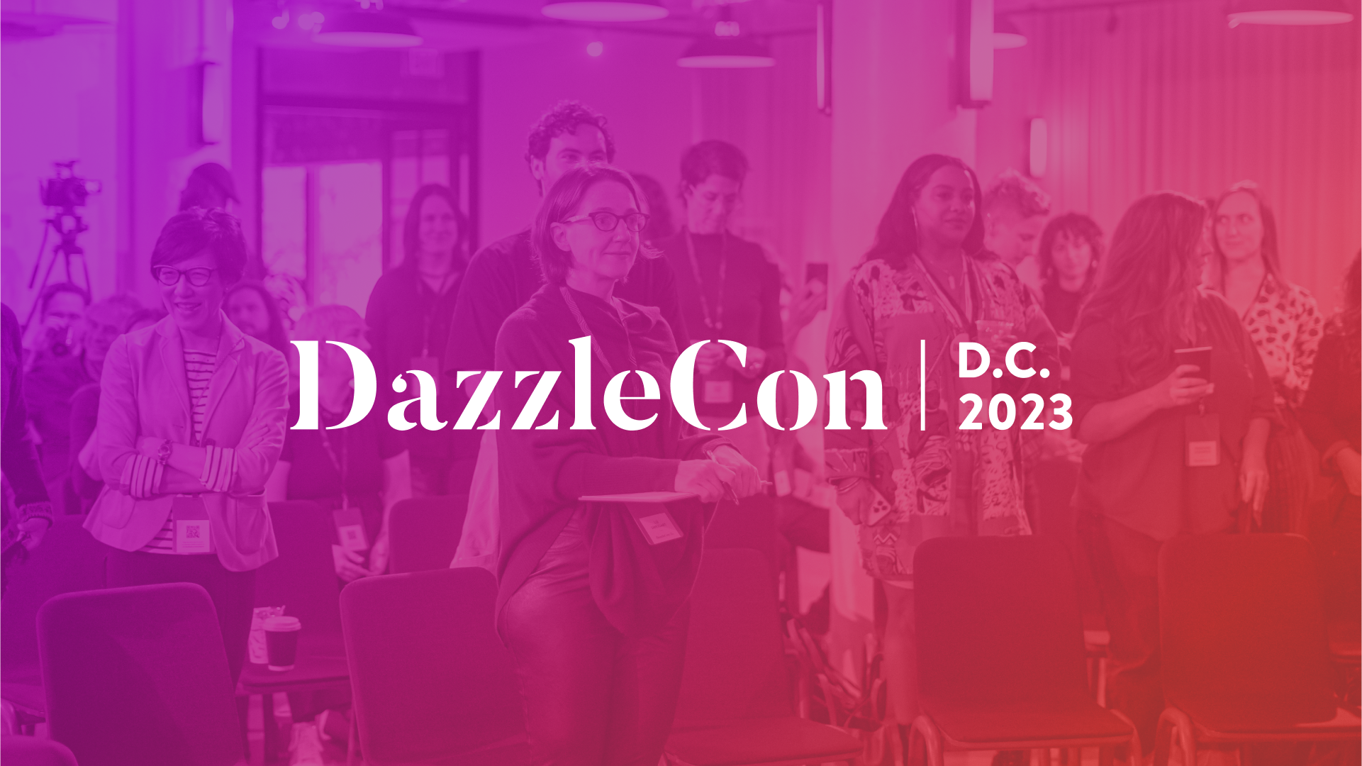 The secondary DazzleCon logo overlaid on a colorized image of event attendees.