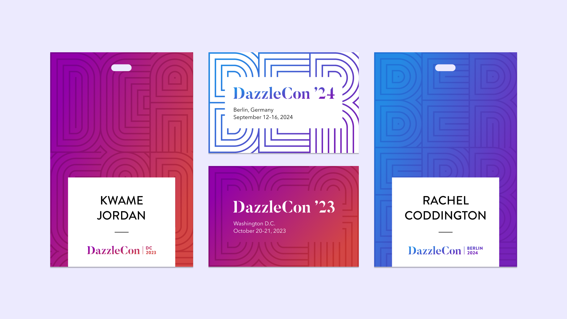Badge and social media post designs for DazzleCon '23 and DazzleCon '24, showing how the brand evolves over time.