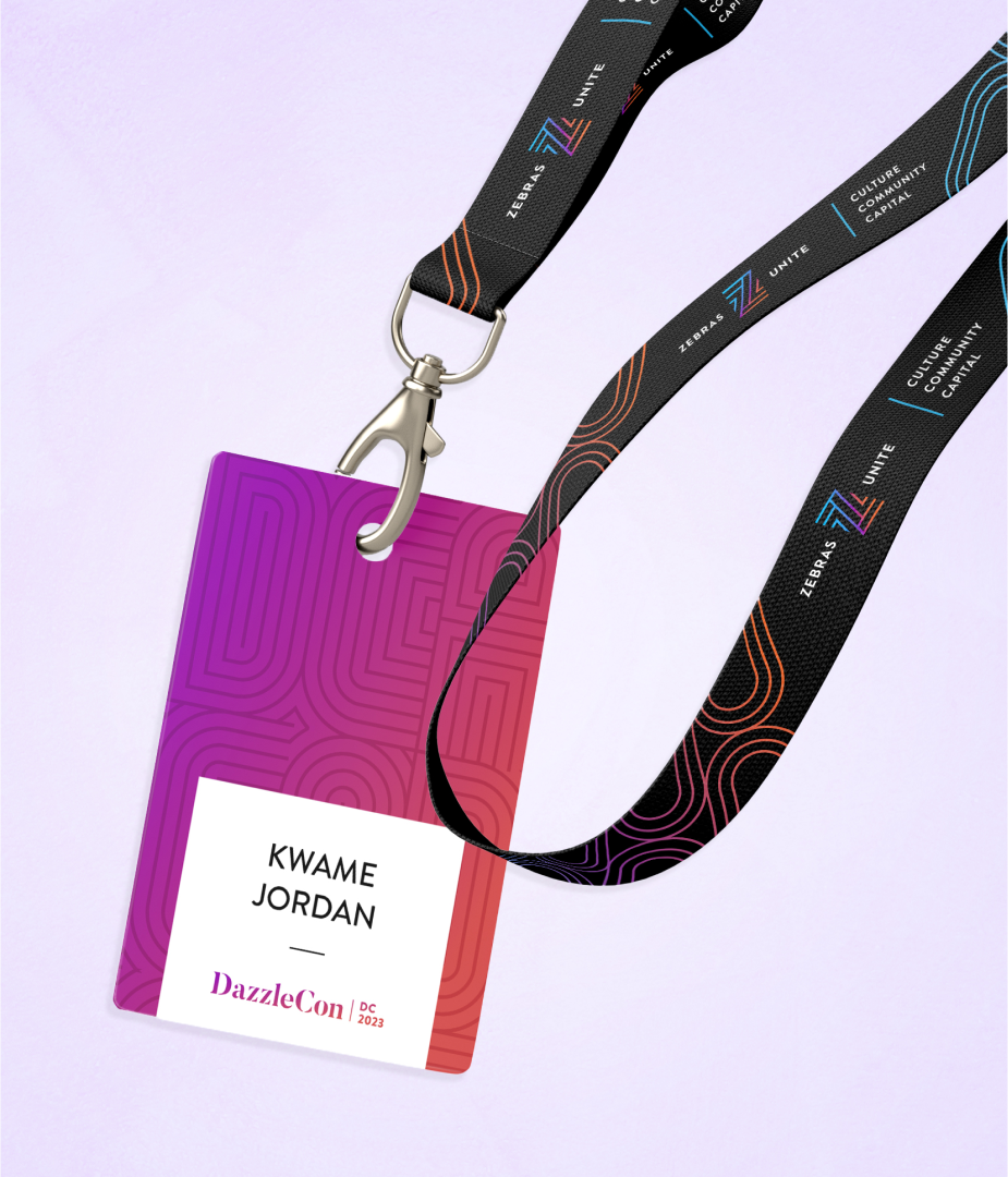 A badge and lanyard design for an event attendee.