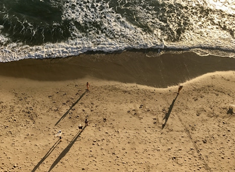 Overhead shot of a beach during golden hour with waves washing on the shore.
