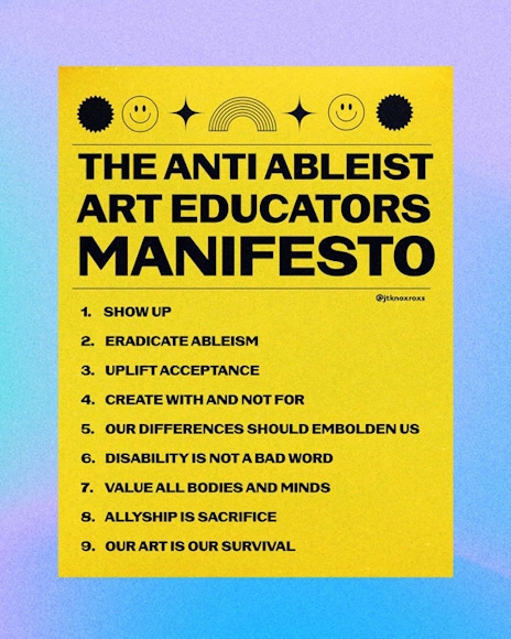 You have unsaved changes on this Component item. A yellow piece of paper with The Anti-Ableist Art Educators Manifesto.