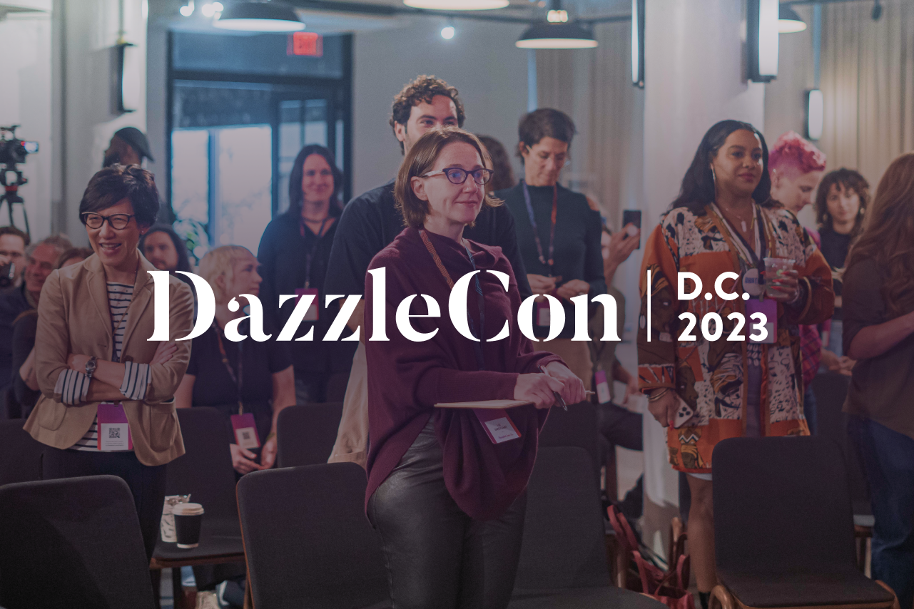 Attendees of Dazzlecon 23 with the secondary logo overlaid on top. topm