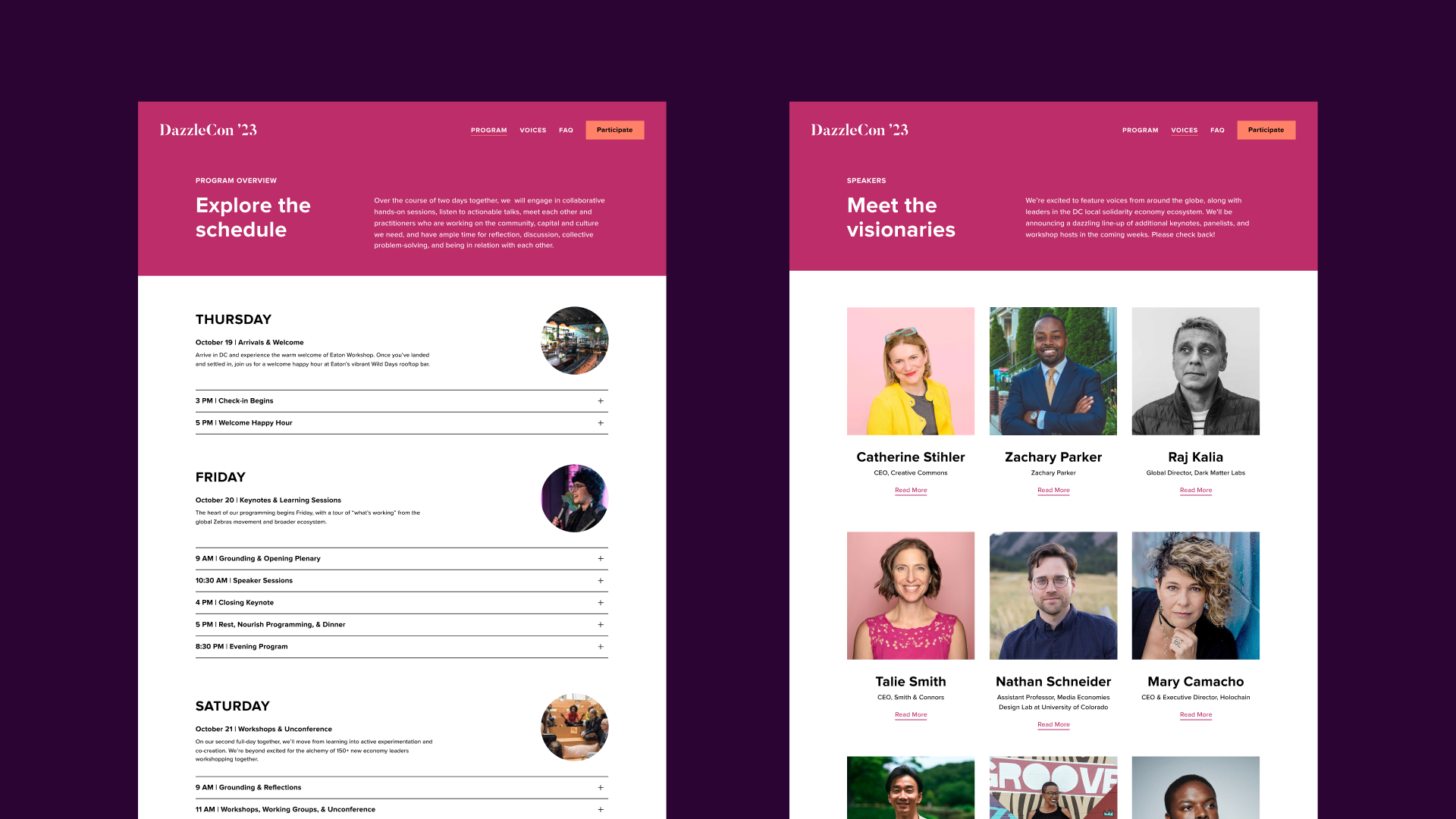 Web pages from the DazzleCon '23 Squarespace site showing event schedule and speakers.