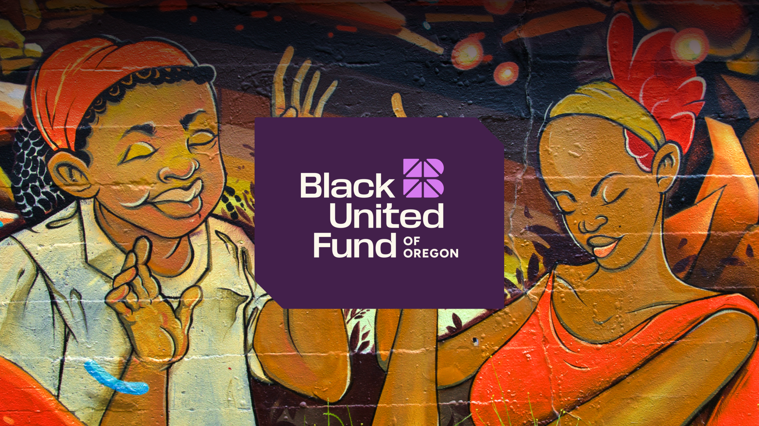 Black United Fund of Oregon brand logo overlaid a picture of the mural on the BUF-OF building in North Portland.