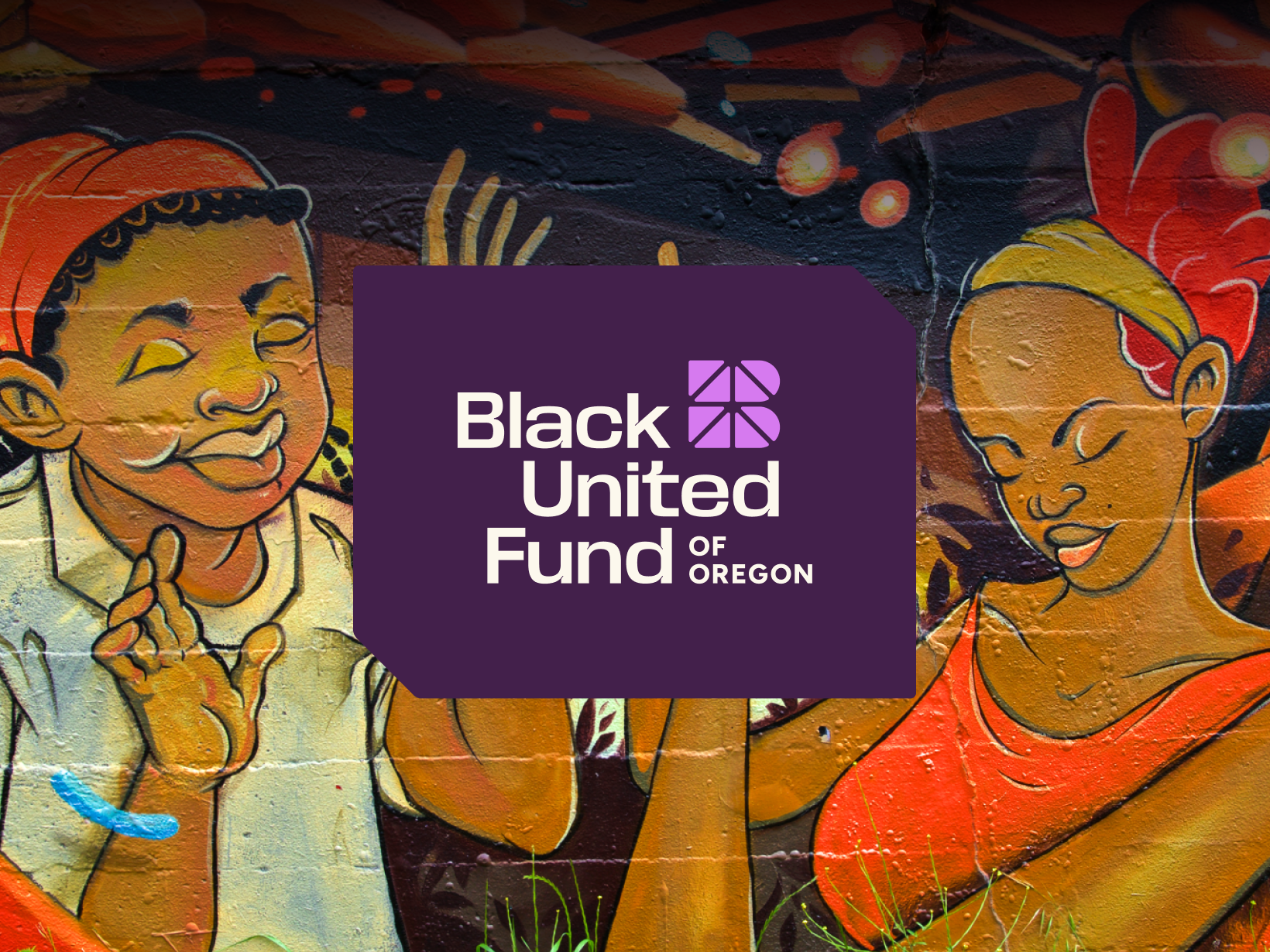 Black United Fund of Oregon brand logo overlaid a picture of the mural on the BUF-OF building in North Portland.