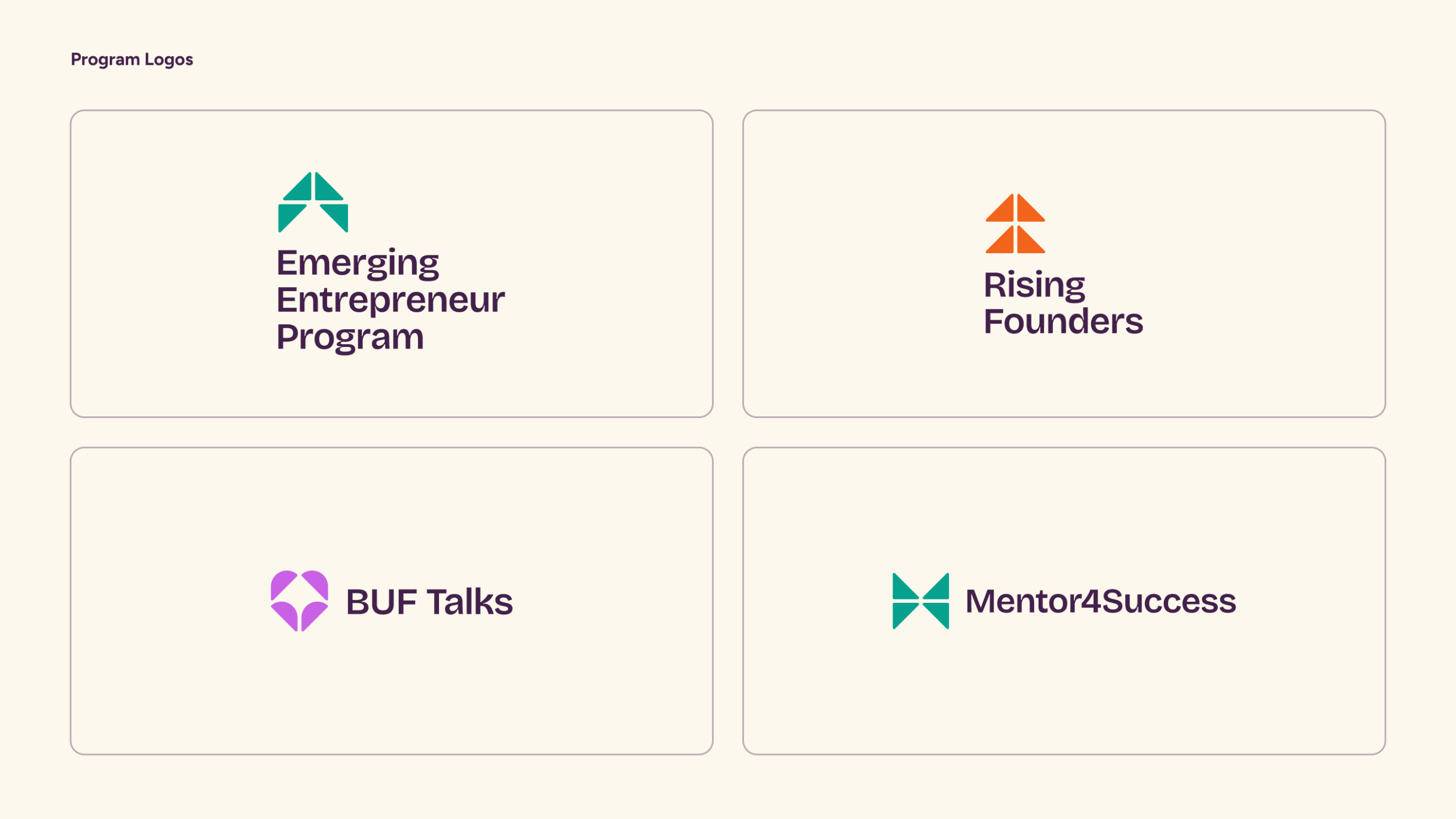 BUF program brand logos: Emerging Entrepreneur Program, Rising Founders, BUF Talks, Mentor4Success.