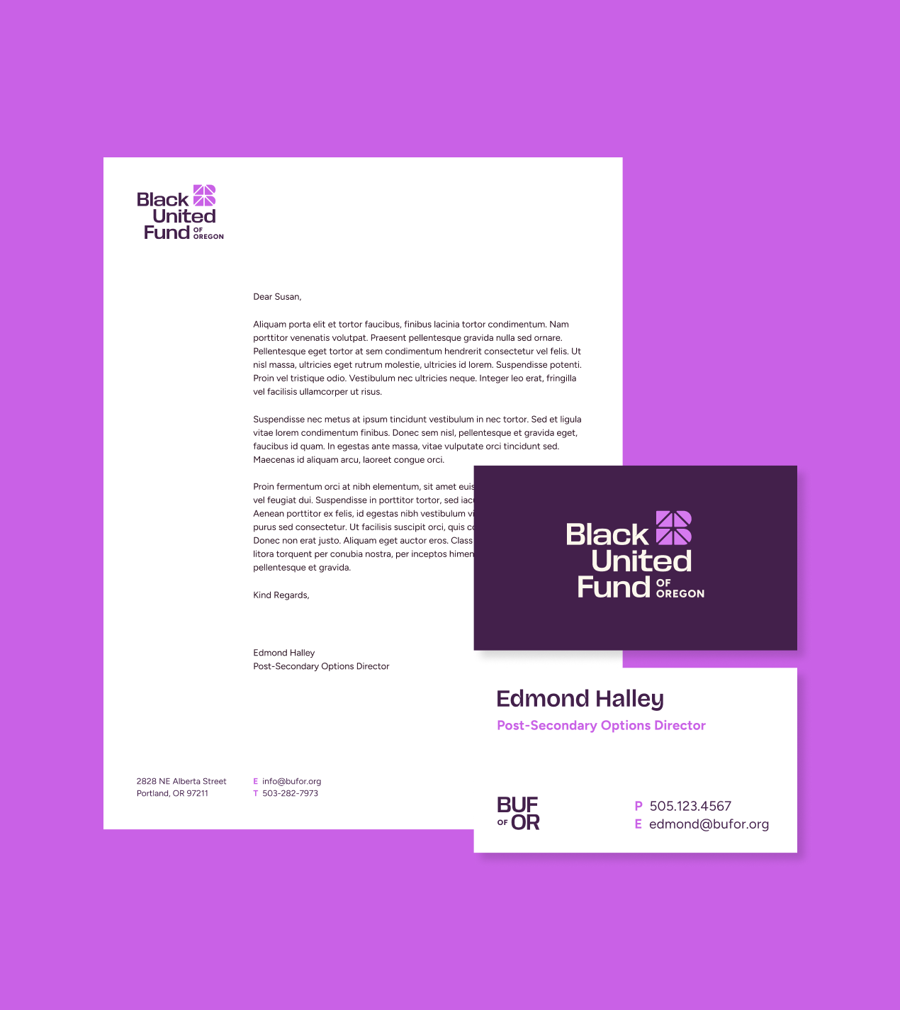 BUF brand email example with logo and signature, and designed business cards.