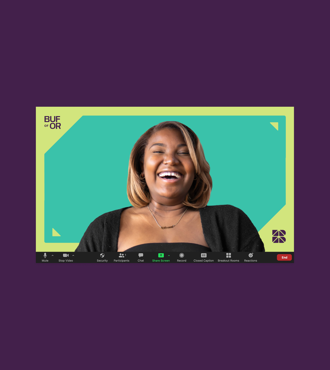 BUF brand zoom background with woman smiling