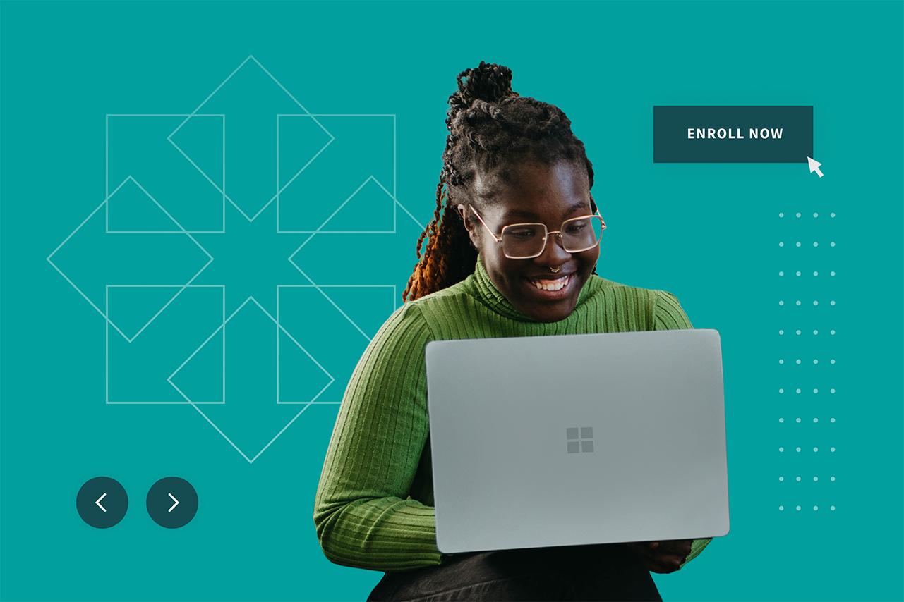 A collage of elements from the website surrounding a student on a computer.