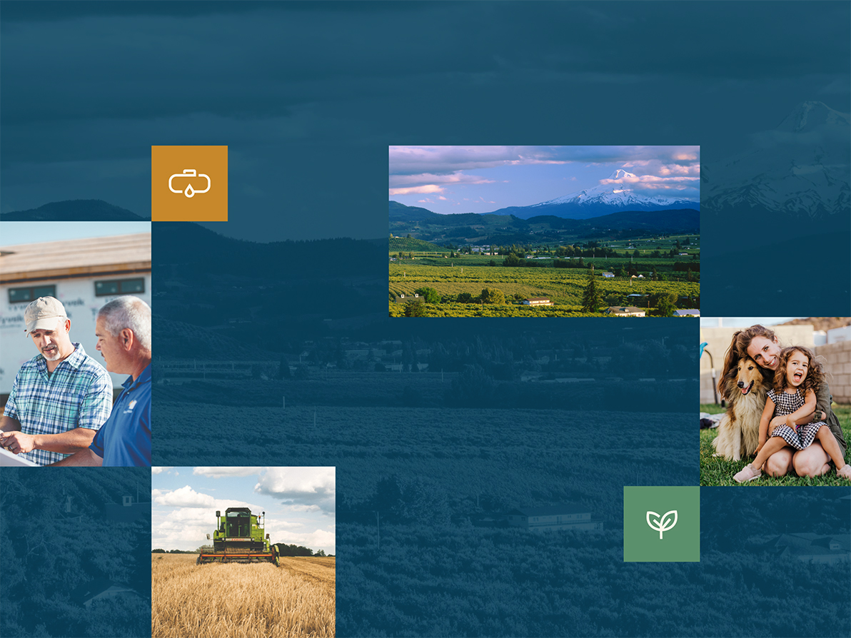 A collage of photographs that represent CoEnergy Propane's values: reliable, dedicated, and warm. The photographs are overlaid on top of an aerial landscape photo of Oregon's Willamette Valley.