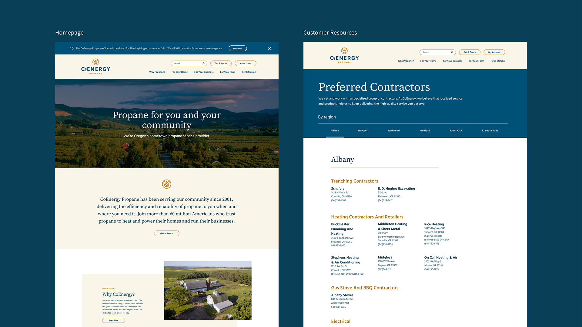 Two website pages from the CoEnergy sites. The homepage and the customer resource pages.
