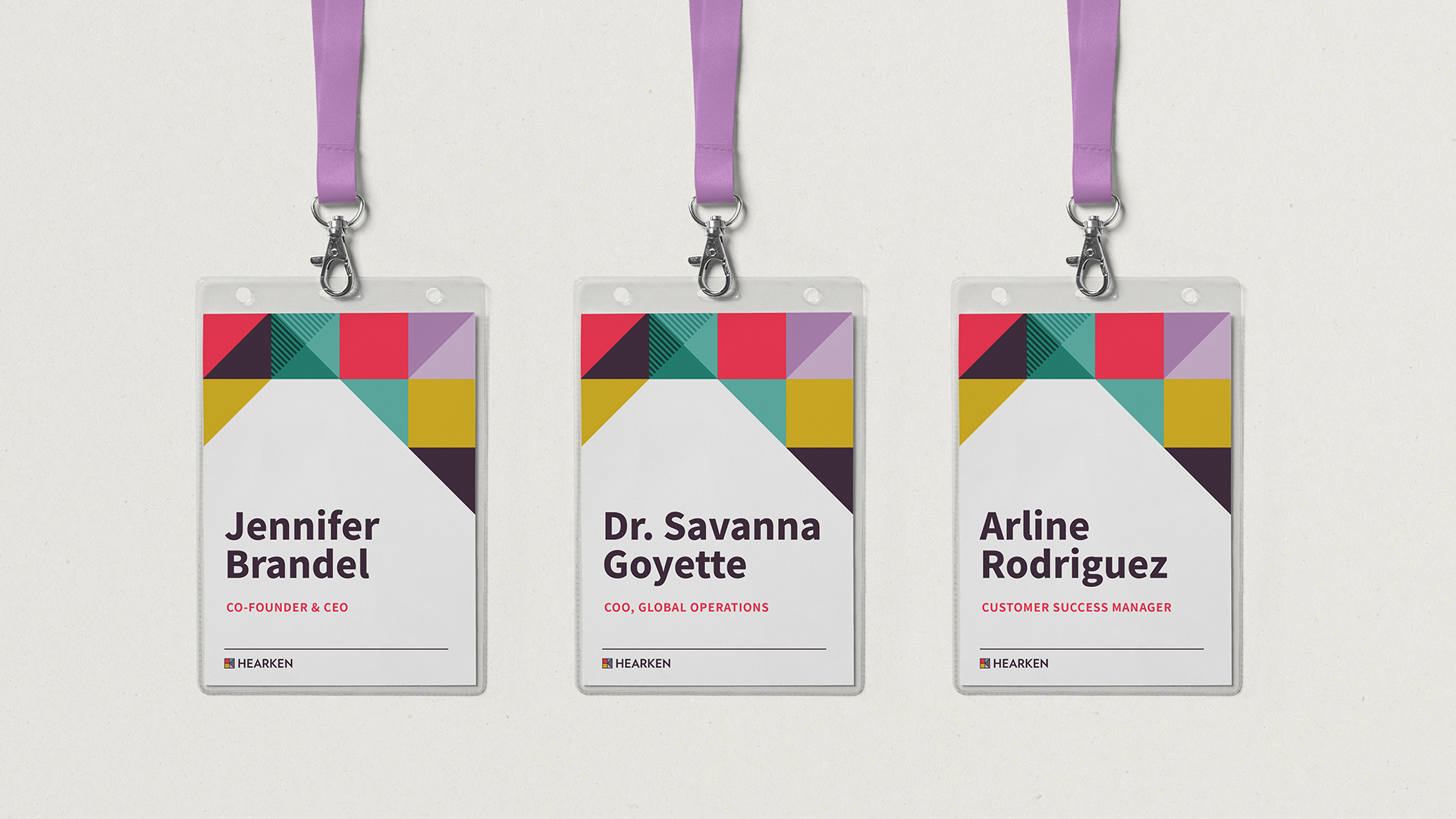 Nametag designs for Hearken events.