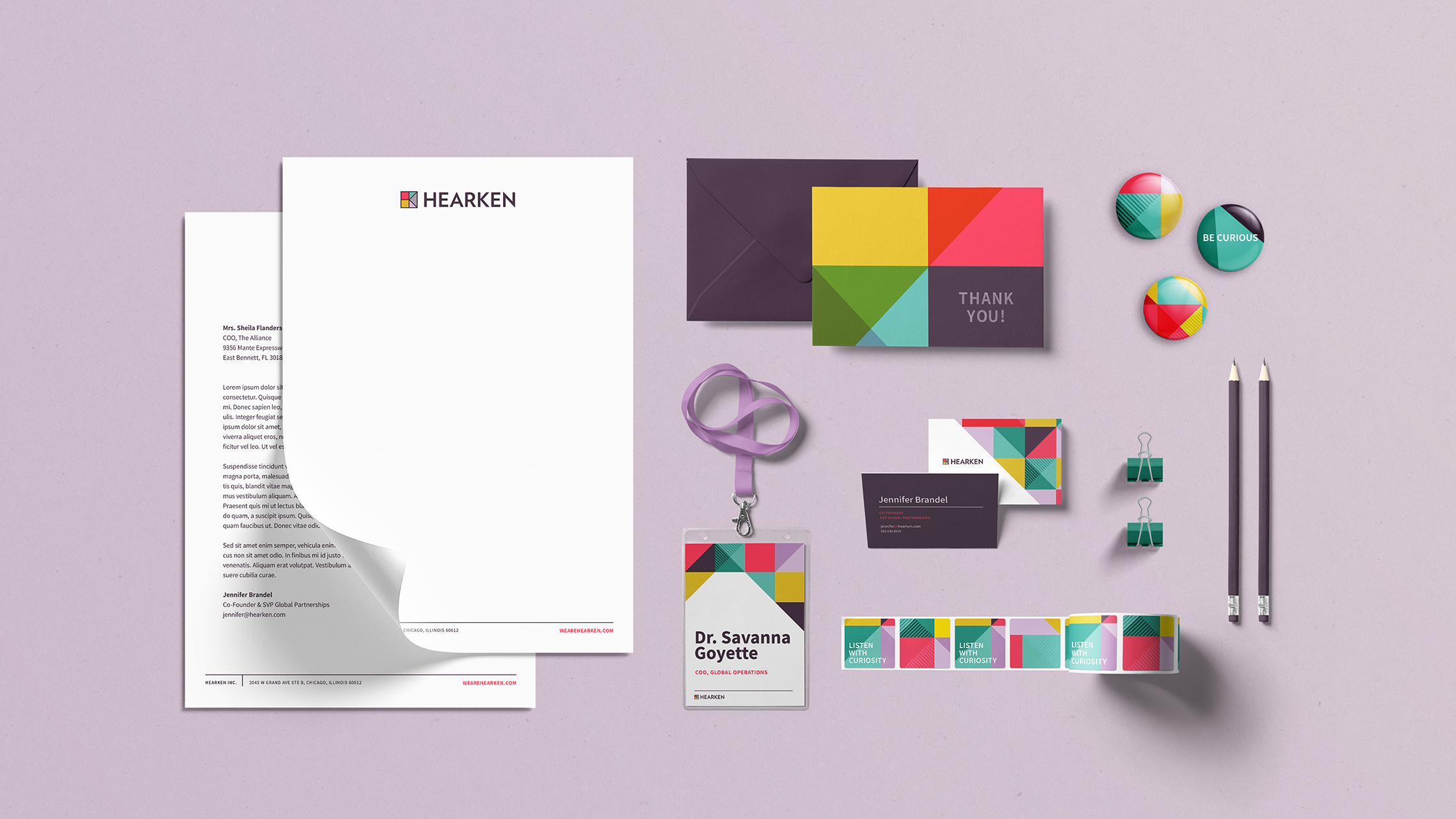 A variety of branded materials we designed for Hearken, from letterhead, to greeting cards, to stickers.