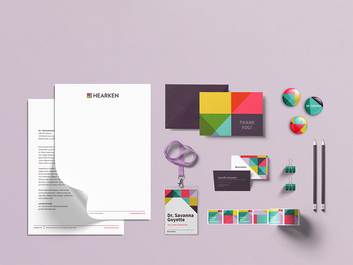 A variety of branded materials we designed for Hearken, from letterhead, to greeting cards, to stickers.