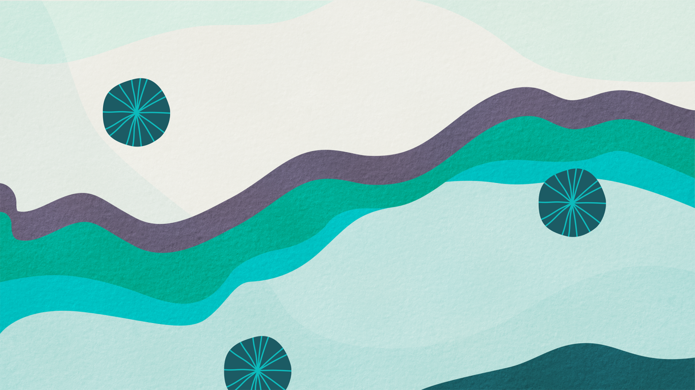 Themed design for s.h.i.f.t. presentation report. Abstract, wavy and circular shapes in greens and purple.
