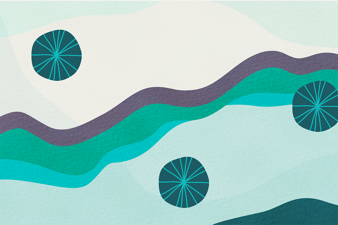 Themed design for s.h.i.f.t. presentation report. Abstract, wavy and circular shapes in greens and purple.