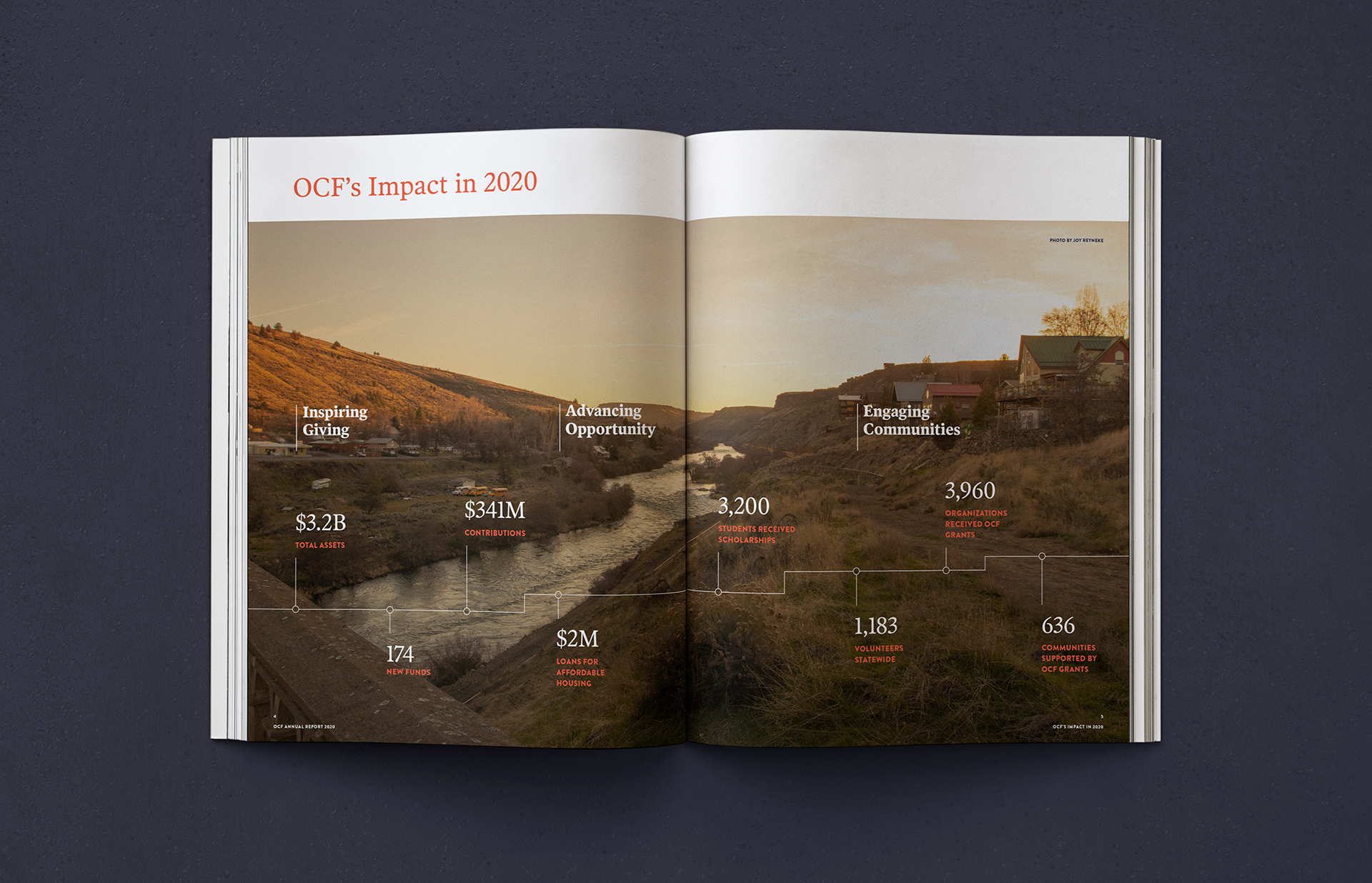 A spread showing the use of the visual "thread" timeline to connect major milestones and moments in 2020.