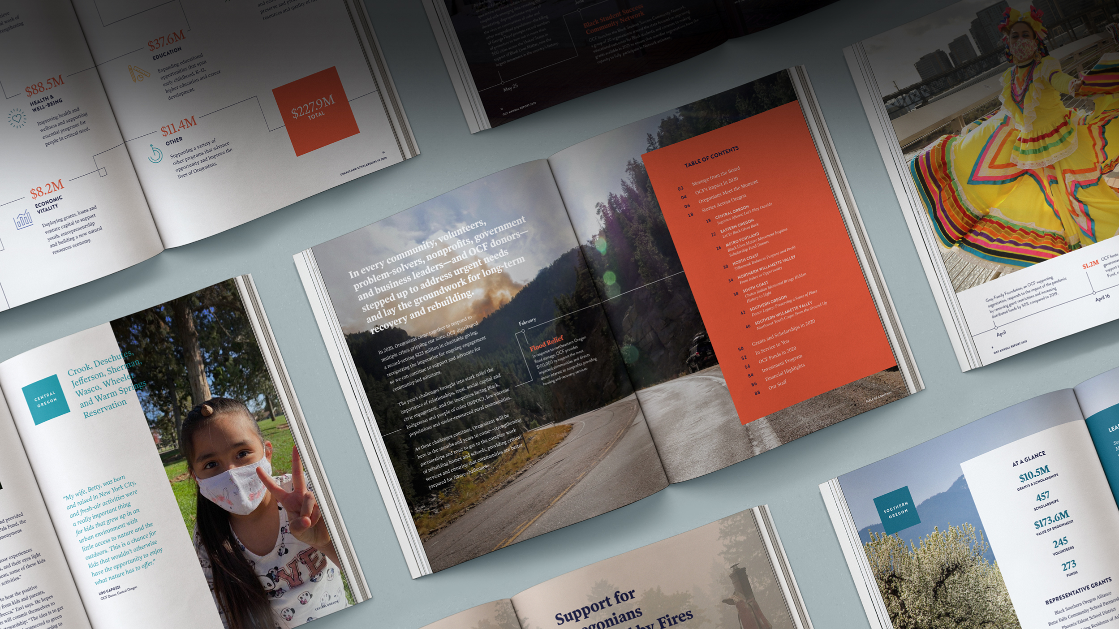 Birds eye view of multiple full page spreads open of OCF Annual Report.