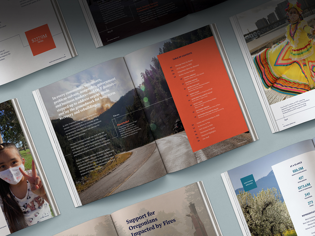 Collage of full page spreads from the 2020 OCF Annual Report.