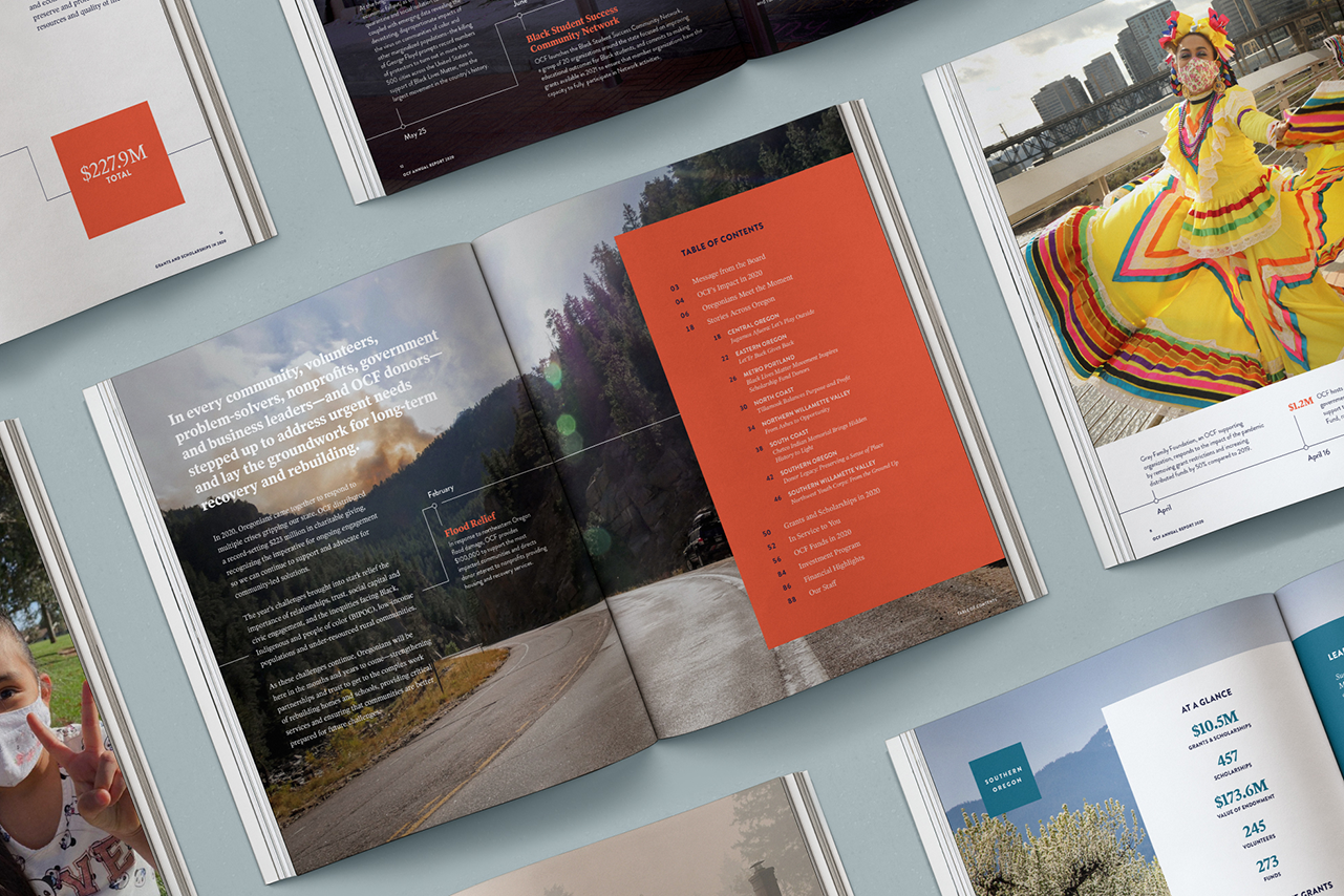 Collage of full page spreads from the 2020 OCF Annual Report.