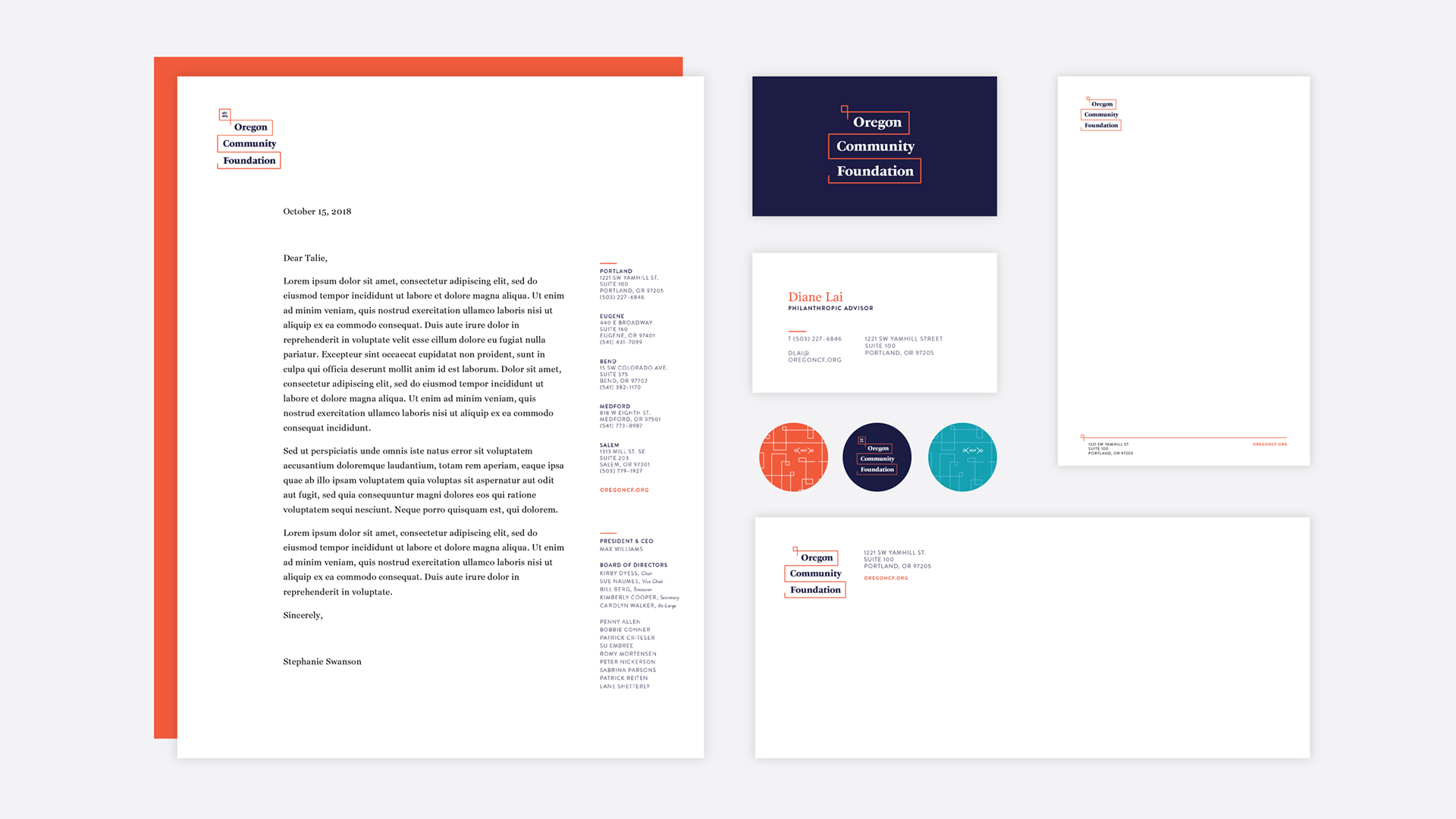 Sample of Oregon Community Foundation letterhead, business card, stationary, envelopes.