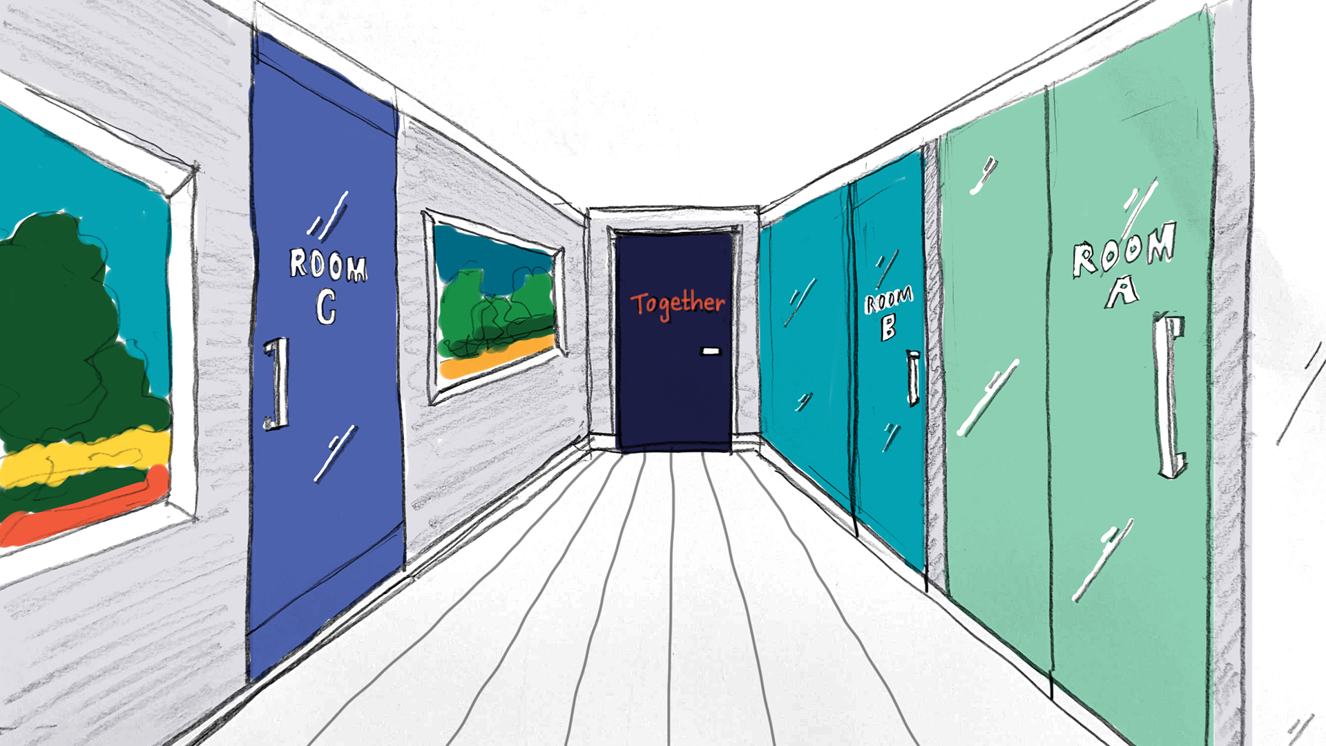 Drawing of Oregon Community Foundation hallway.