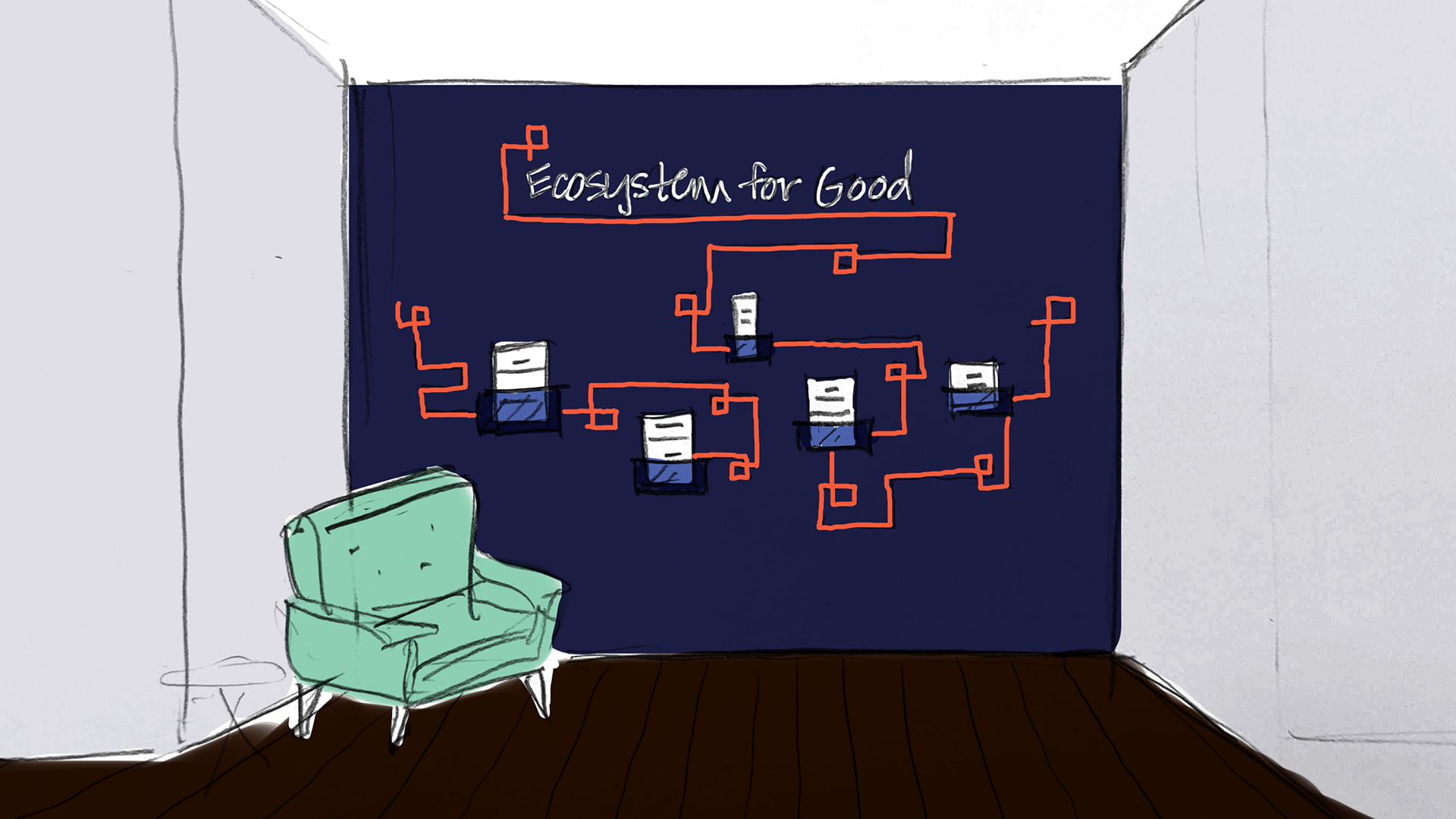 Drawing of wall with graphic in Oregon Community Foundation office.