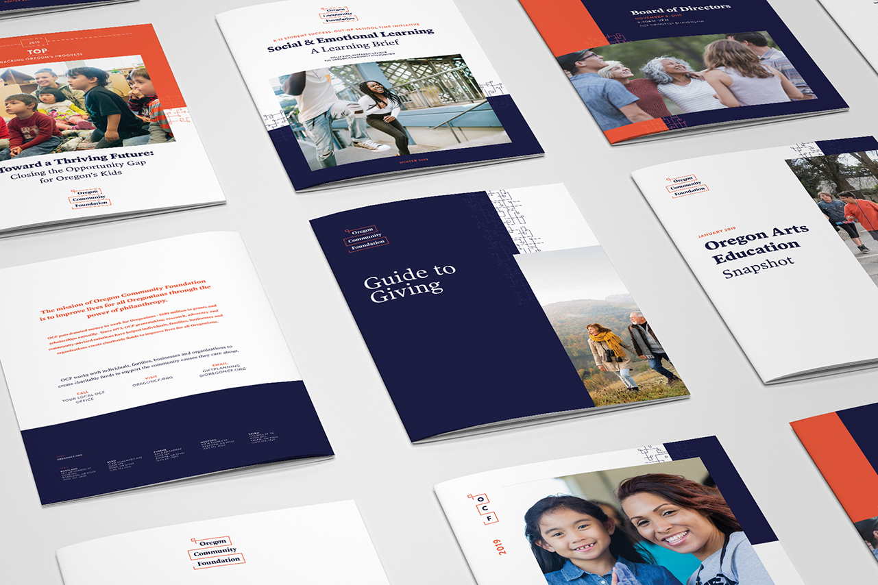 Various covers and back pages of OCF annual reports across the years.