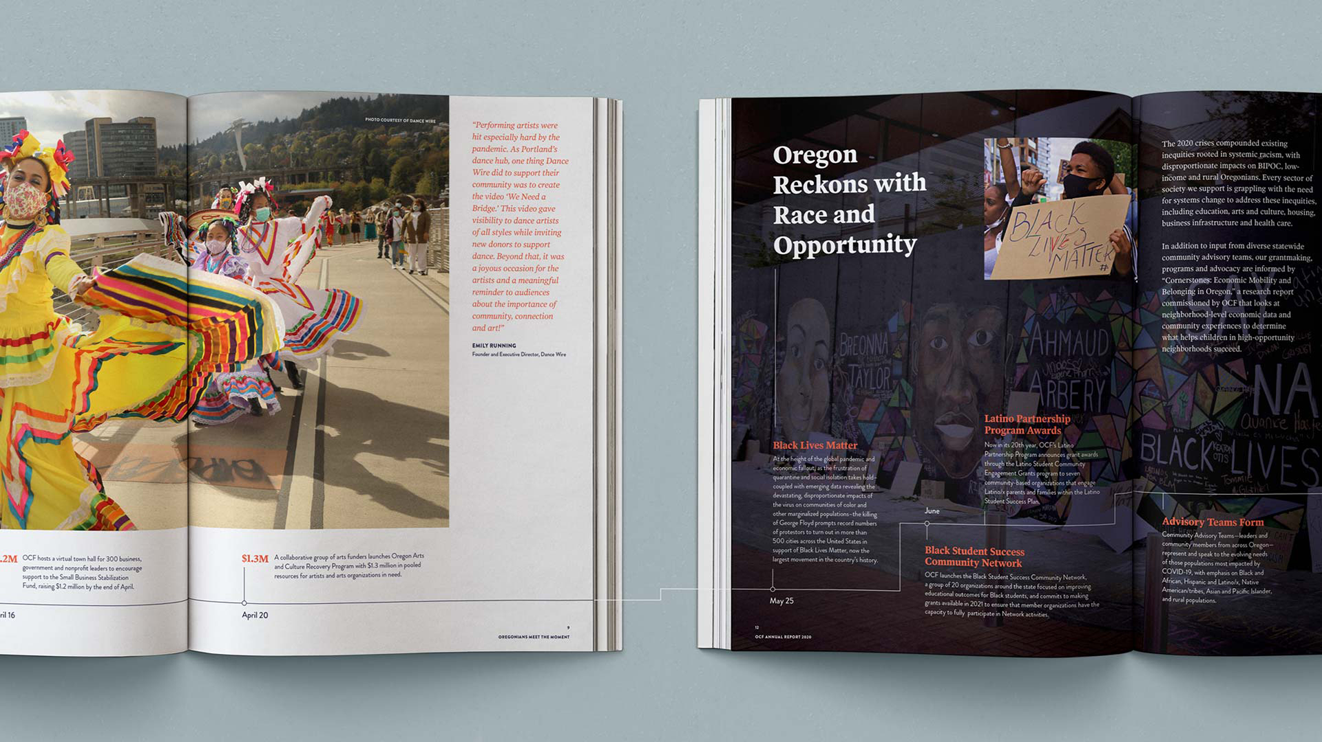 A continuation of the previous image, showing the visual "thread" woven through each full page spread.