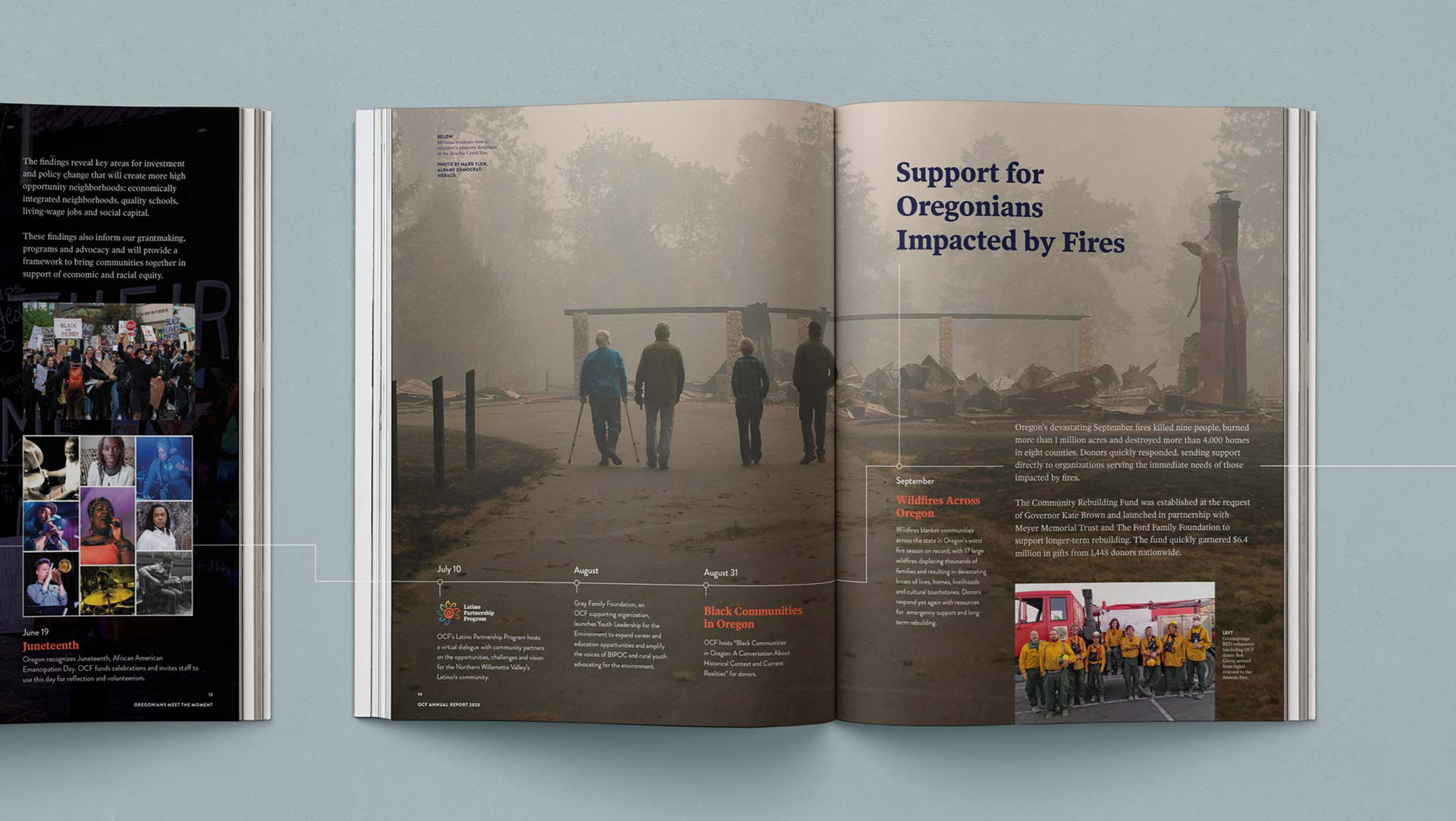 The final full spread image, showing numbers and milestones relating to the wildfires of 2020.