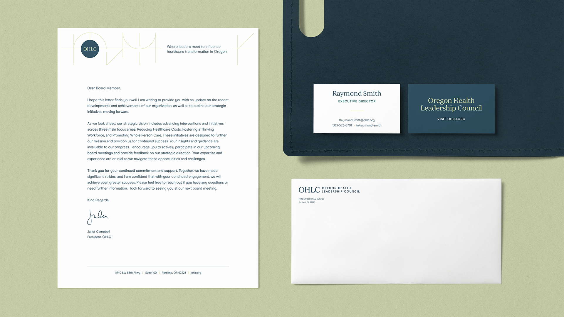 A stationary set for OHLC. Letterhead, envelopes, and business cards.