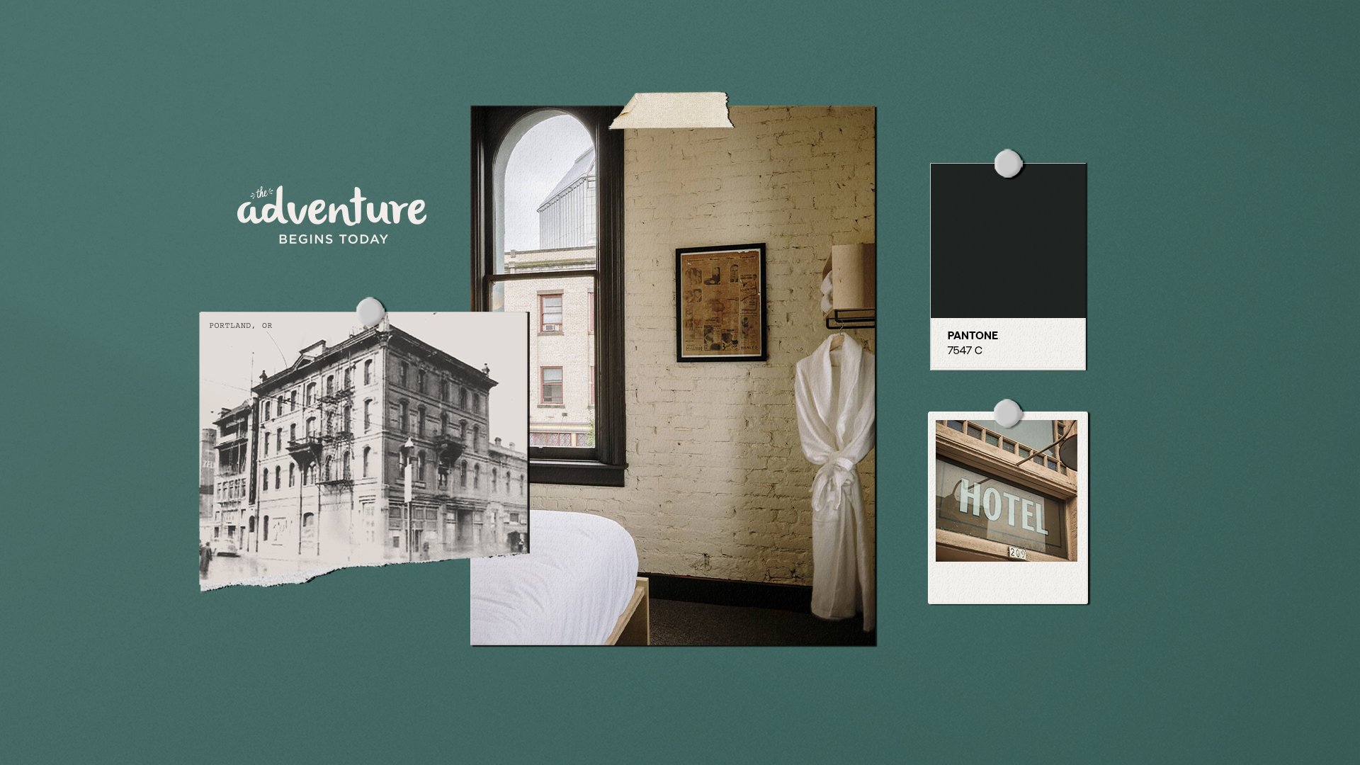 The moodboard for The Society Hotel branding project. 4 images are pinned against a warm, green background: an old black and white photo of the original hotel, the dark green Pantone color swatch for the new brand, a window decal that reads "Hotel", and an interior shot of one of the hotel rooms with exposed brick painted white, an arched window, a small painting, and a robe.