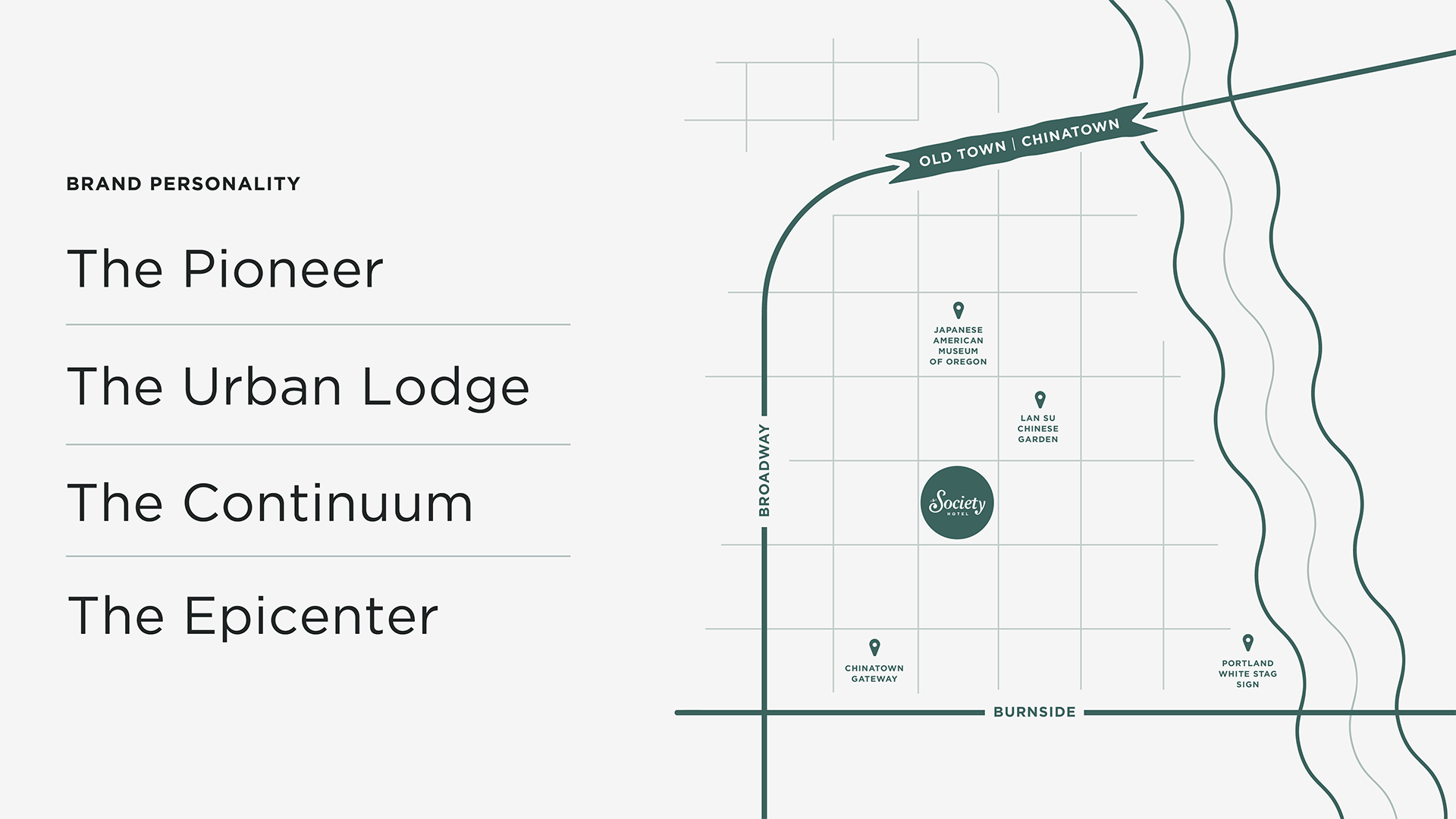 Brand personality with high level map of area around The Society Hotel.