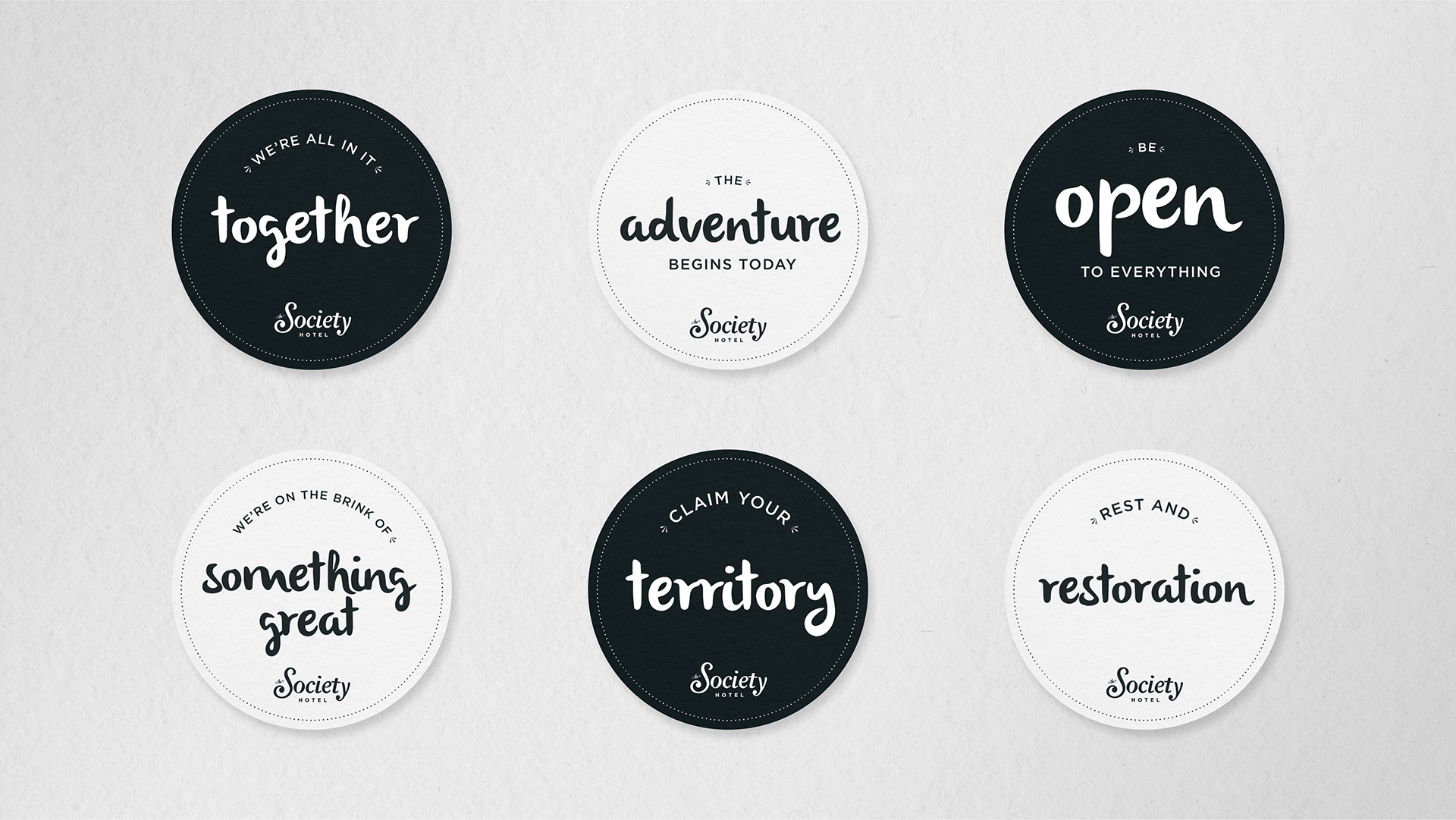 The Society Hotel round placards.