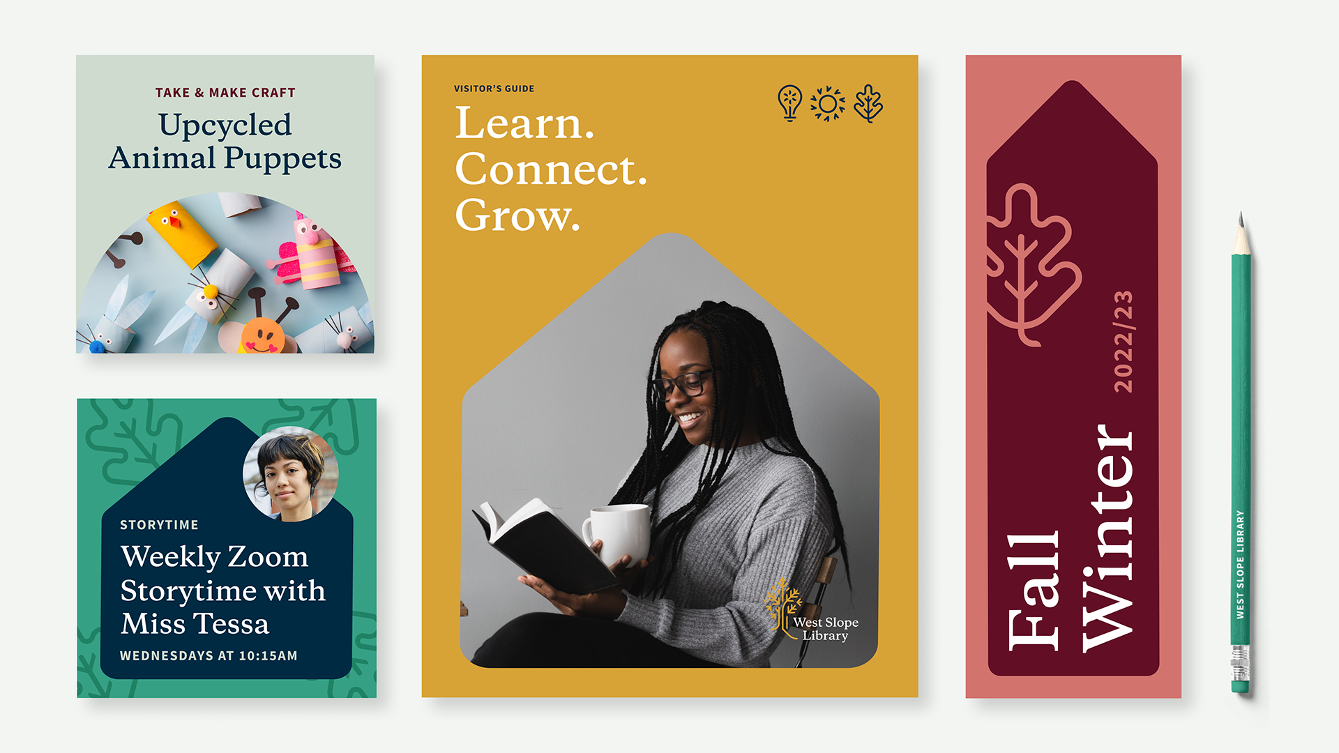 Collage of various branded marketing materials, including booklet covers, pencils, social media templates, and bookmarks.
