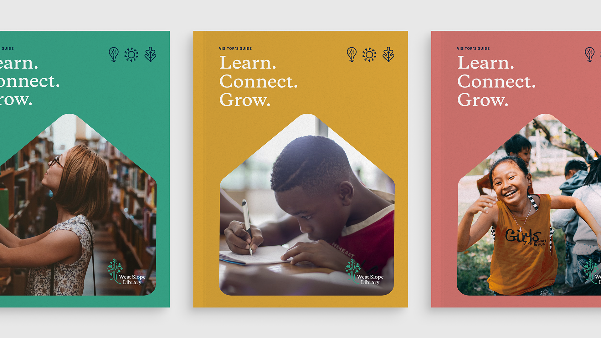 Marketing print collateral mockups with the new West Slope Library branding.