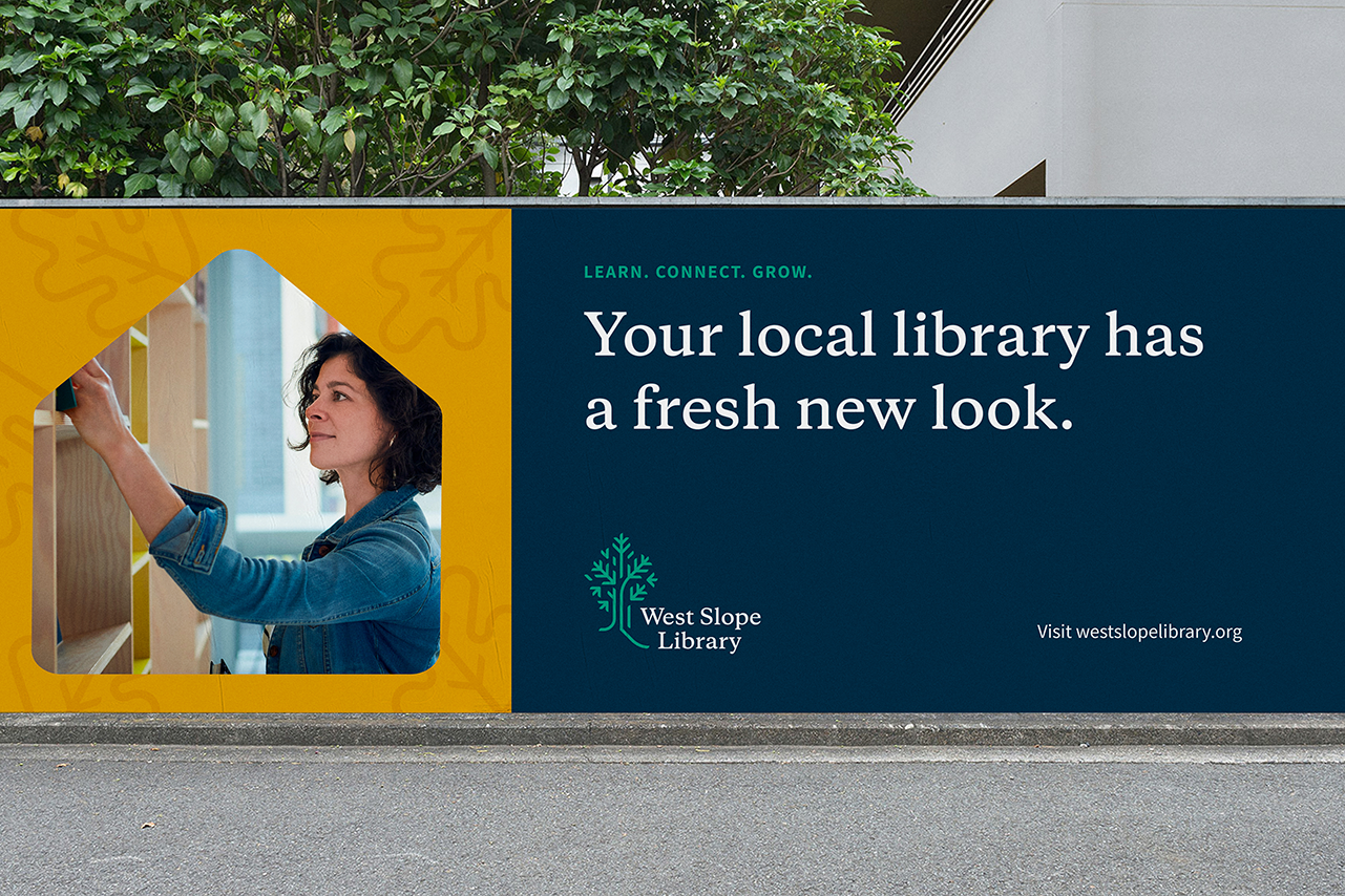 Billboard mockup with the new West Slope Library branding.