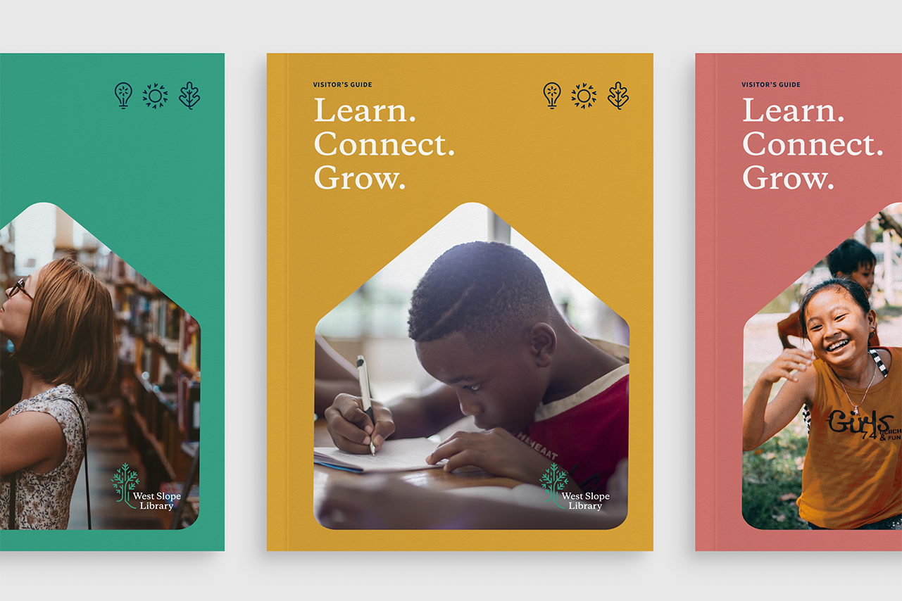 Marketing print collateral mockups with the new West Slope Library branding.
